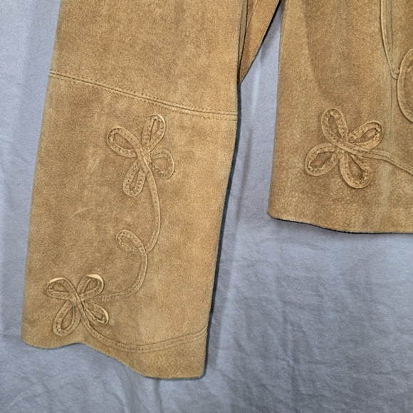 Vintage The Territory Ahead Suede Leather Jacket Floral Applique Tan Size Large - Picture 15 of 16